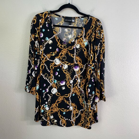 Antthony Womens Plus 1X Chain & jewels Tunic Top V Neck Stretch Shirt 3/4 Sleeve - Picture 7 of 11